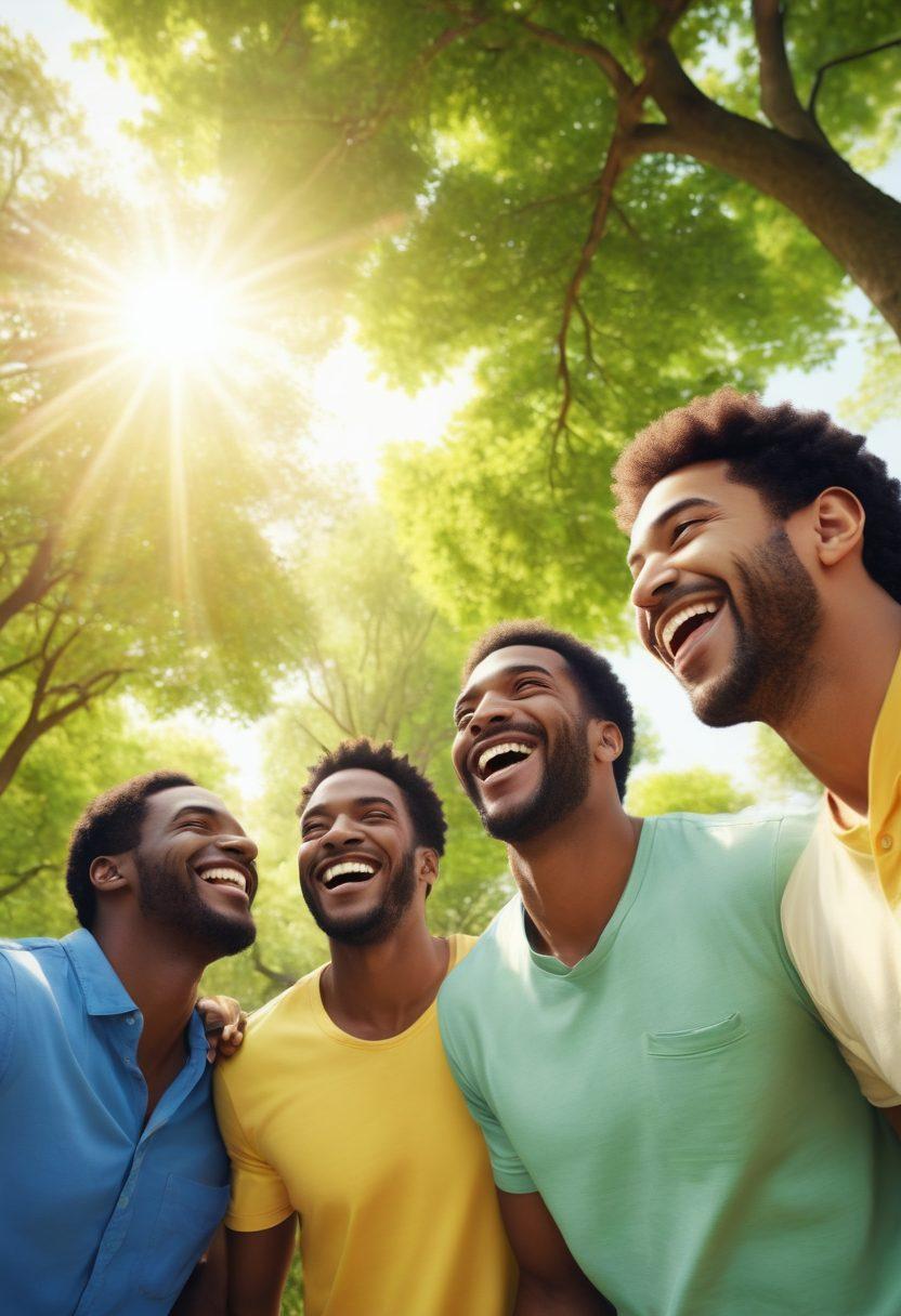 A diverse group of joyful men sharing laughter in a vibrant park setting, showcasing playful interactions and strong bonds. Include elements of nature, such as blooming flowers and green trees, symbolizing growth in relationships. Capture the warmth of the sun shining down, highlighting their genuine smiles and connections. super-realistic. vibrant colors. 3D.