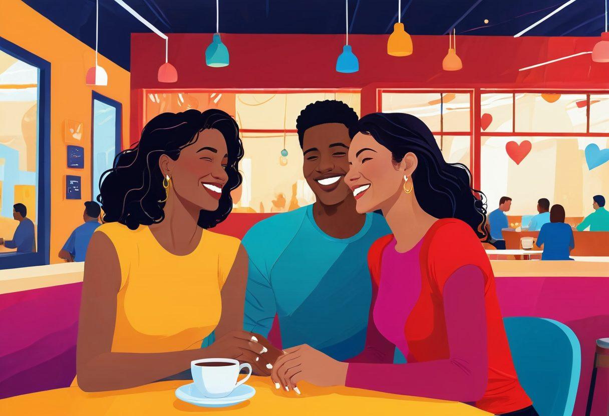 A confident man and a woman engaged in a lively conversation in a vibrant cafe, both smiling and radiating warmth, showcasing the essence of connection and empowerment. Artistic elements of hearts and flowing lines, symbolizing seduction and joy, surrounding them. The background features diverse couples enjoying their time, representing inclusivity in heterosexual dating. bright and colorful. digital illustration.