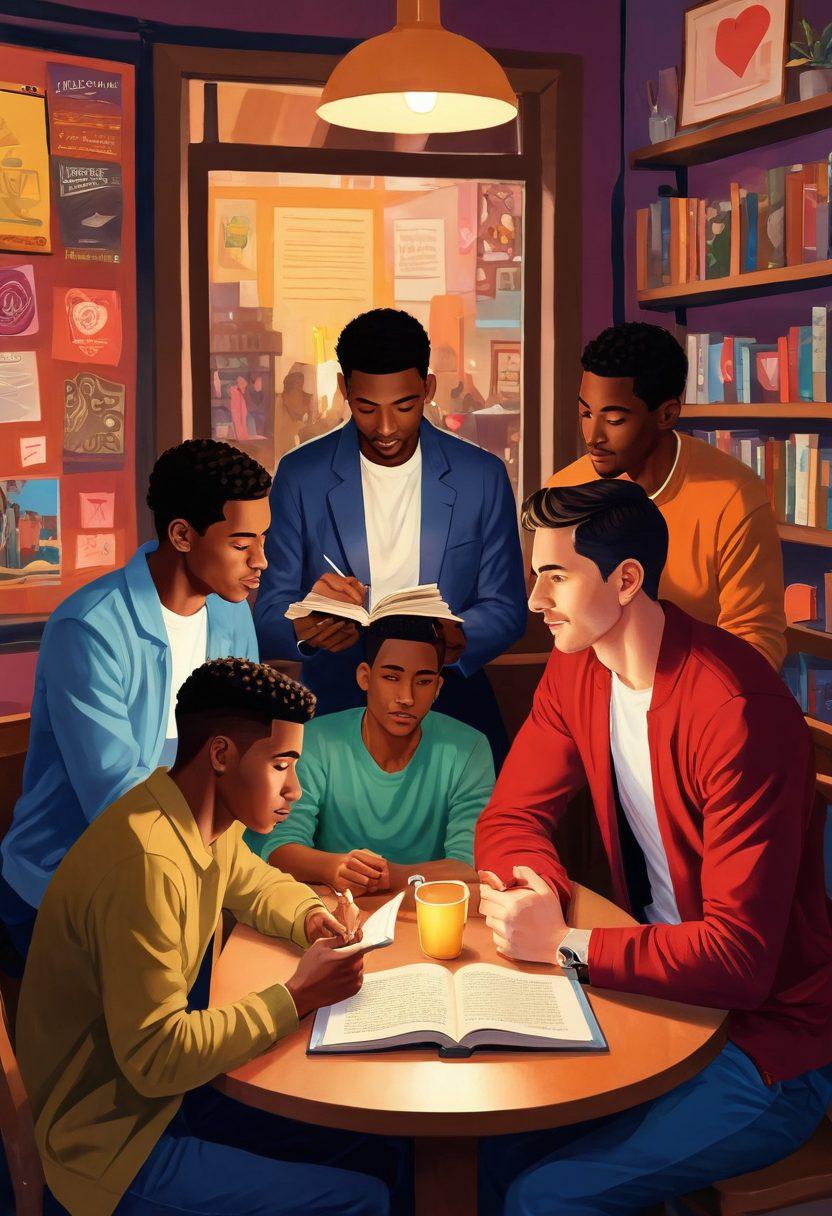 A modern, intimate scene depicting a diverse group of heterosexual men engaging in deep conversations about love and intimacy, surrounded by symbols of unconventional relationships like heart motifs and open books. The background features a cozy café setting with soft lighting and colorful décor, highlighting inclusivity and connection. Vivid expressions that convey vulnerability and strength enhance the atmosphere. vector art. vibrant colors. cozy ambiance.